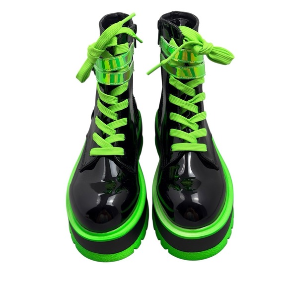 Demonia Slacker 52 Platform Combat Boots Womens Size 9 Black Neon Green Patent - Picture 3 of 9